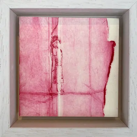 Edith Brouwer, Even Stilstaan, 75 euro, Tetra Pak etching on wood in wooden frame, 8x10 cm