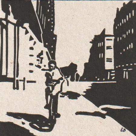 Edith Brouwer, Fiets, 65 euro, Linocut on paper in black frame, 10x10 cm