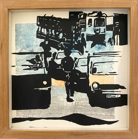 Edith Brouwer, Fietsen in Amsterdam, 175 euro, Linocut in walnut frame with museum glass, 17x17 cm