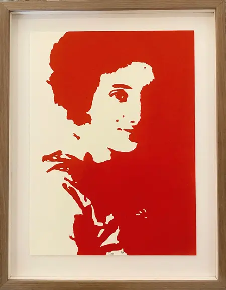 Edith Brouwer, Gre Cohen, 320 euro, Linocut in walnut frame with museum glass, 32x25 cm