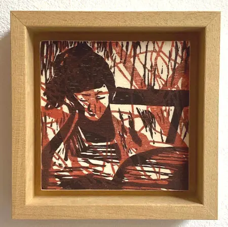 Edith Brouwer, Lezen 1, 75 euro, Linocut on wood in wooden frame, 10x10 cm
