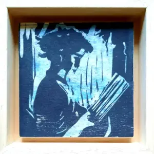 Edith Brouwer, Lezen 2 blauw 2x, 75 euro, Linocut on wood in wooden frame, 10x10x3 cm