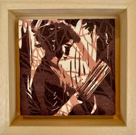 Edith Brouwer, Lezen 2, 75 euro, Linocut on wood in wooden frame, 10x10 cm