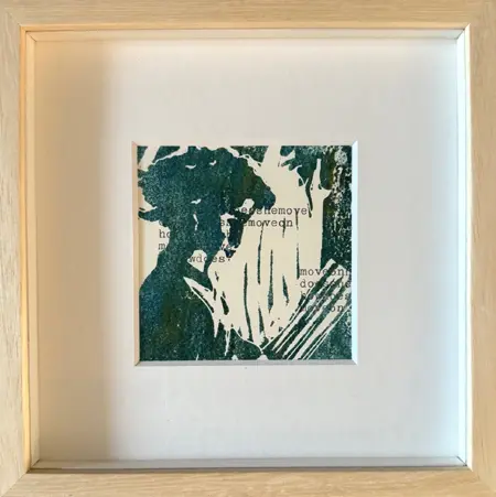 Edith Brouwer, Lezen met tekst, 135 euro, Linocut in frame, 16x16 cm