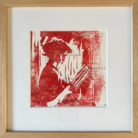 Edith Brouwer, Lezen rood, 135 euro, Two-colour linocut in frame, 21x21 cm