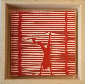 Edith Brouwer, Luxaflex handstand rood, 75 euro, Linocut on wood in wooden frame, 10x10x3 cm