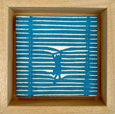 Edith Brouwer, Luxaflex kat, 75 euro, Linocut on wood in wooden frame, 10x10 cm