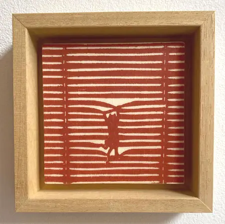 Edith Brouwer, Luxaflex kat, 75 euro, Linocut on wood in wooden frame, 10x10 cm