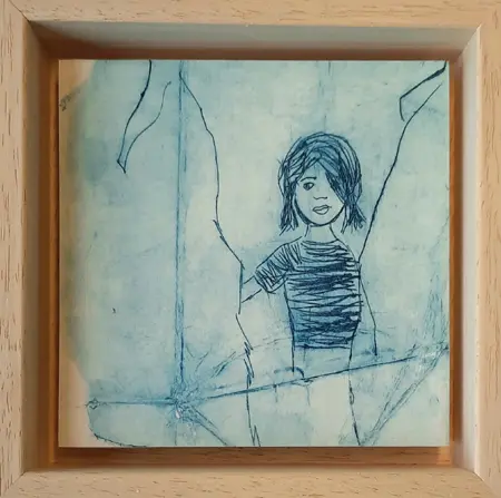 Edith Brouwer, Meisje blauw, 75 euro, Tetra Pak etching on wood in wooden frame, 10x10x3 cm