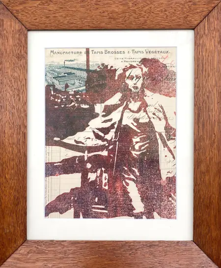Edith Brouwer, Move On, 265 euro, Linocut on vintage invoice in vintage frame with museum glass, 36x30 cm