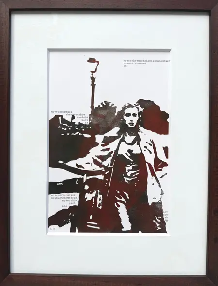Edith Brouwer, Move On!, 415 euro, Linocut and typewriter in dark wooden frame with museum glass, 47x36 cm