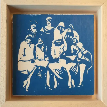 Edith Brouwer, Vriendinnen, 75 euro, Linocut on wood in wooden frame, 10x10x3 cm