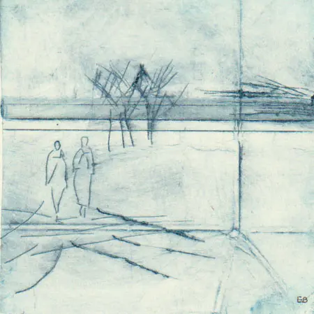Edith Brouwer, Wandelaars, 65 euro, Tetra Pak etching on paper in black frame, 10x10 cm