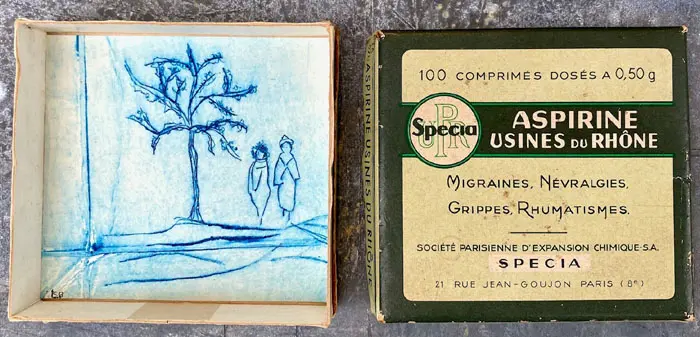 Edith Brouwer, Wandelen, 90 euro, Tetra Pak etching on paper in vintage tin, 7,5x7,5 cm