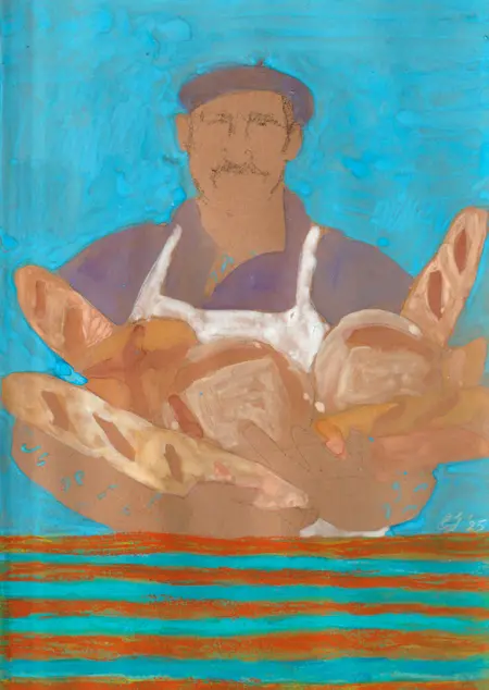 Elisabeth Jonkers, De Franse bakker, 175 euro, Pastel and gouache on cardboard in frame, 30x20 cm