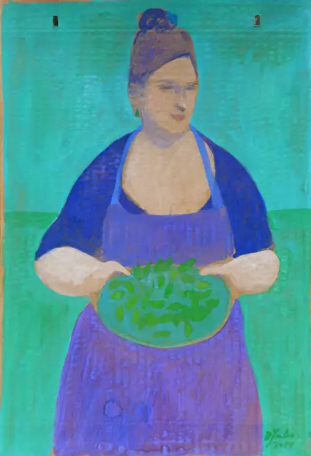 Elisabeth Jonkers, Envelop 1 paarse dame, Oil on brown envelope, 36x24 cm, €.125,-