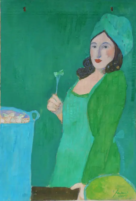 Elisabeth Jonkers, Envelop 2 groene dame, Oil on brown envelope, 36x24 cm, €.125,-