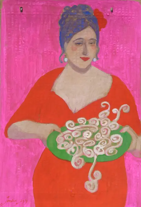 Elisabeth Jonkers, Envelop 3 Pasta op groen bord, Acrylic on cardboard (unframed), 35x24 cm, €.125,-