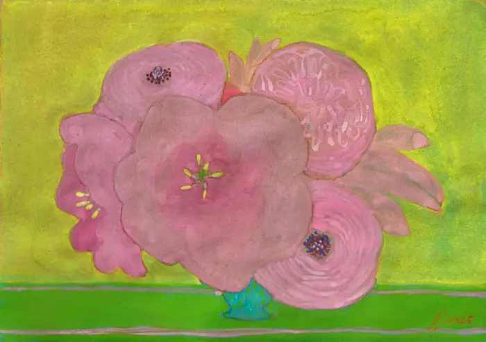Elisabeth Jonkers, Flowers 2 geel, 175 euro, Mixed media on paper in wooden frame, 21x30 cm