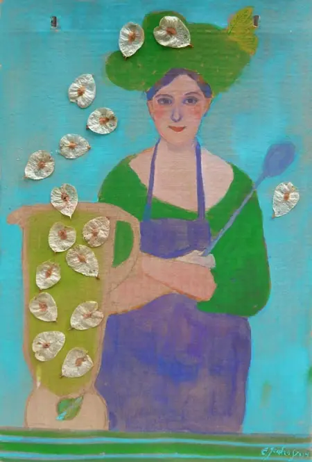 Elisabeth Jonkers, Iepensneeuw, Mixed media on cardboard envelope (not framed), 35x24 cm, €.125,-