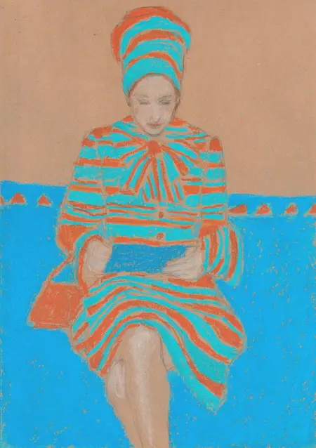 Elisabeth Jonkers, Vrouw met handtasl, 175 euro, Pastel on paper in frame, 30x20 cm