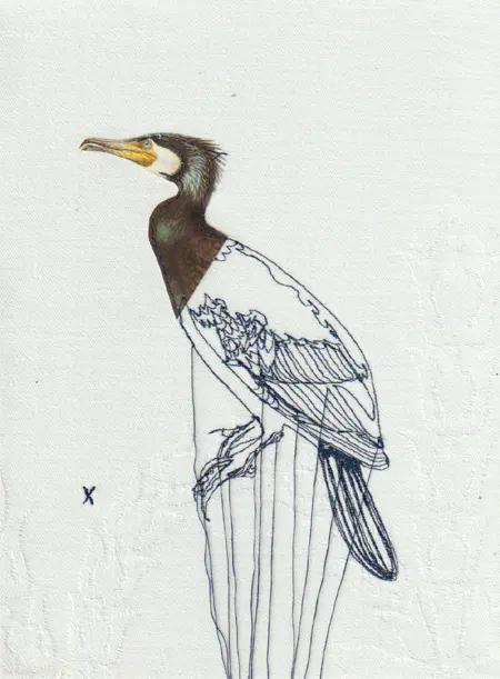 Judith Koning, Aalscholver, 125 euro, Mixed media on vintage damask, unframed, 23x18 cm