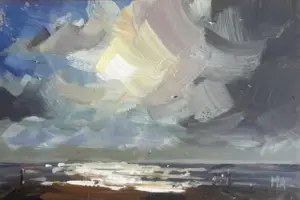 Marieke Ackerman, Avond op het strand, 125 euro, Acrylic on panel in wooden frame, 10x15 cm