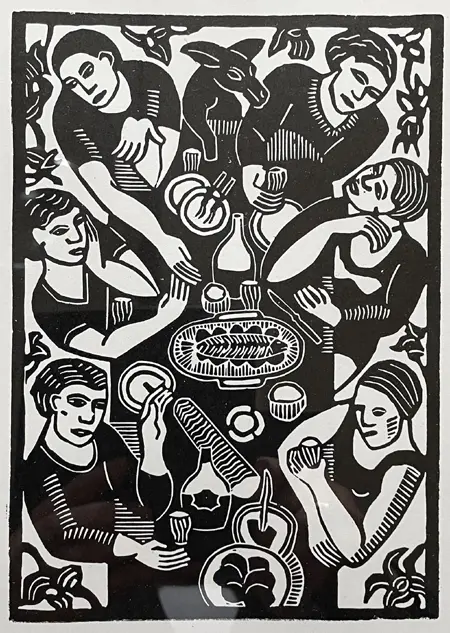 Aline Jansma, Avondmaal in Maart, 150 euro, Linocut in mount and wooden frame, 26x22