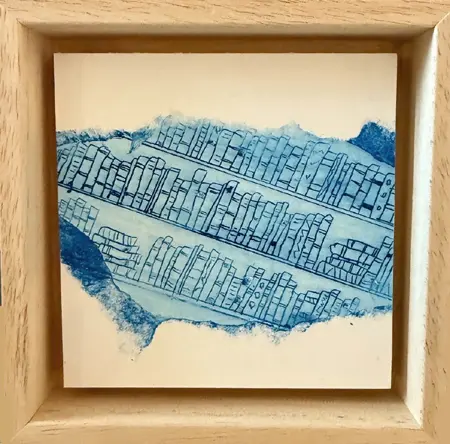 Edith Brouwer, Boekenkast blauw, 75 euro, Linocut on wood in wooden frame, 10x10x3 cm