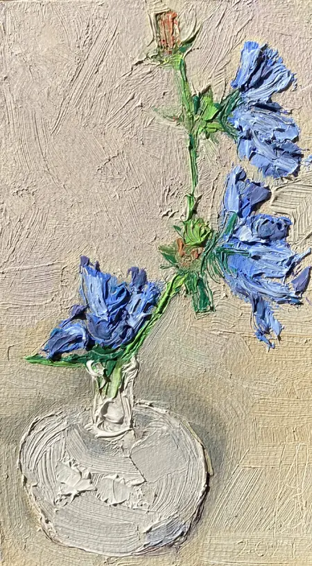 Anne Jitske Salverda, Chichorei, 135 euro, Oil on panel, unframed, 15x8 cm
