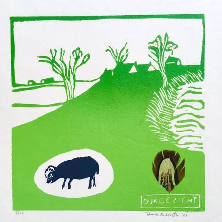Tamar Rubinstein, Dijkzicht, Linocut with feather in natural wooden frame, 26x20 cm, €.150,-