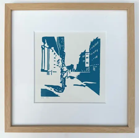 Edith Brouwer, Fietser 1/3, 135 euro, Linocut framed with museum glass, 12x12 in frame, 20x20 cm