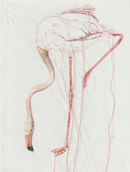 Judith Koning, Flamingo , 125 euro, Mixed media with vintage bird book and damask, unframed, 24x18 cm