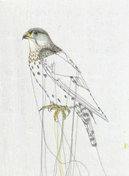 Judith Koning, Giervalk, 125 euro, Mixed media on vintage damask, unframed, 23x18 cm