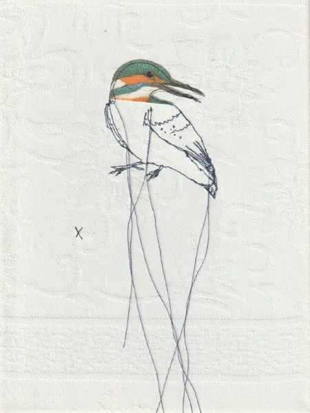 Judith Koning, IJsvogel 3, 125 euro, Mixed media on vintage damask, unframed, 24x18 cm
