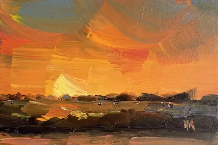 Marieke Ackerman, Koeien bij zonsondergang, 125 euro, Acrylic on panel in wooden frame, 10x15 cm