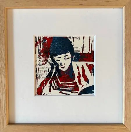 Edith Brouwer, Lezen met tekst, 105 euro, Two-colour linocut in frame, 16x16 cm