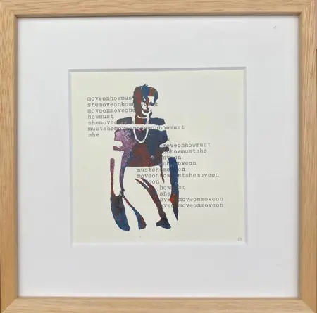 Edith Brouwer, Move on 2, 135 euro, Linocut with typewriter in frame with museum glass, 21,5x21,5 cm