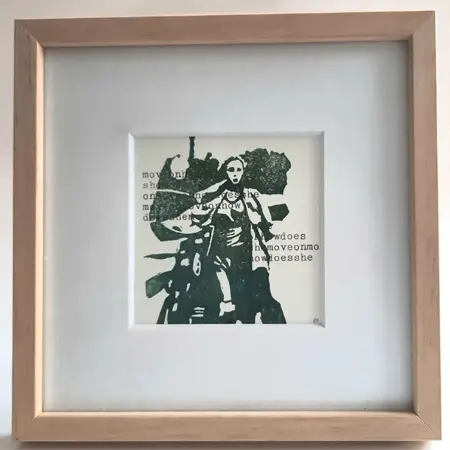 Edith Brouwer, Move on klein, 105 euro, Linocut with typewriter text in frame, 16x16 cm