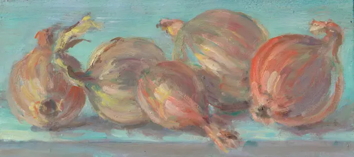 Florentine Haak, Rijtje uien, 150 euro, Oil on panel, unframed, 10x23 cm