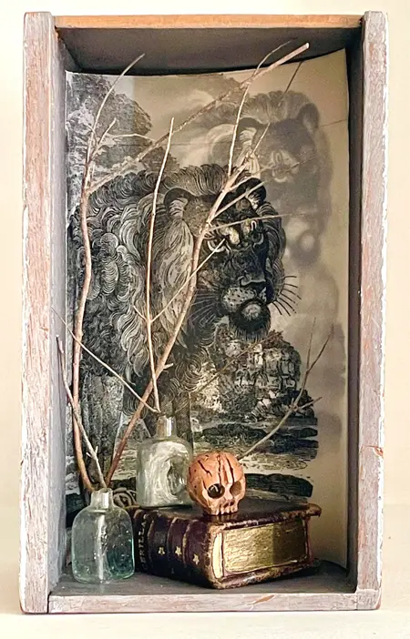 Antje Weber, Saint Hieronymys, 130 euro, Mixed media in vintage drawer, 16x9x8 cm