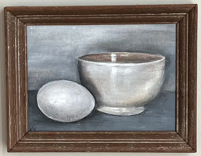 Antje Weber, Stillife with egg, 150 euro, Acrylic on canvas in old frame, 18x23 cm