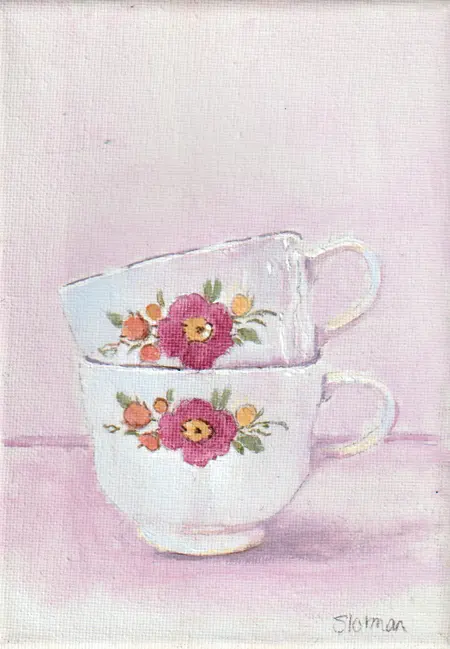 Gea Slotman, Twee kopjes, 150 euro, Acrylic on canvas, unframed, 18x13 cm
