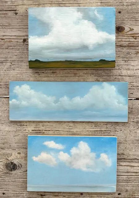 Marcel van Pinxteren, vijf Wolken allemaal 125 euro, Oil on panel, unframed, various sizes