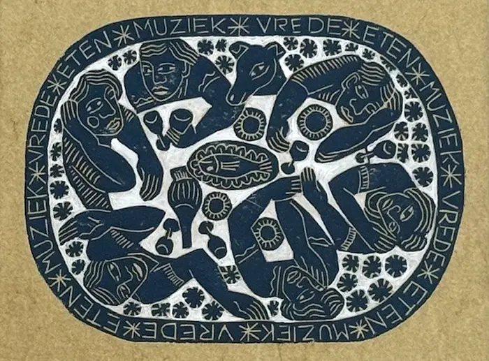 Aline Jansma, Vrede eten en muziek, 150 euro, Linocut in white frame, 24x30 cm