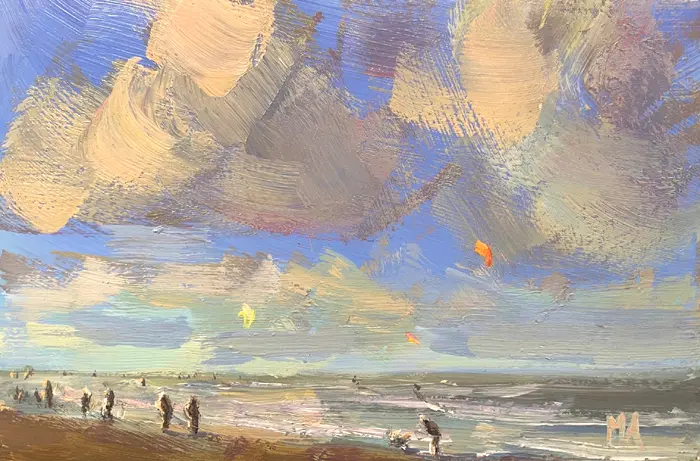 Marieke Ackerman, Wolken boven de zee/kite, 125 euro, Acrylic on panel in wooden frame, 10x15 cm
