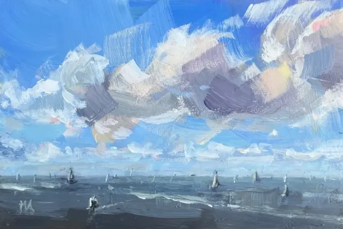 Marieke Ackerman, Zicht vanaf de boot, 125 euro, Acrylic on panel in wooden frame, 10x15 cm