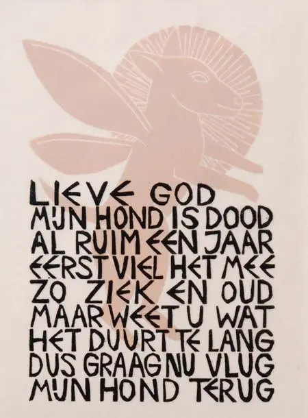 Aline Jansma, Zinloos gebed 286 18/25, 150 euro, Linocut in photo frame, 24x18 cm