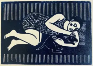 Aline Jansma, Zondagmiddag, 150 euro, Linocut in white frame, 12x16 cm (not on white paper but more brownisch)