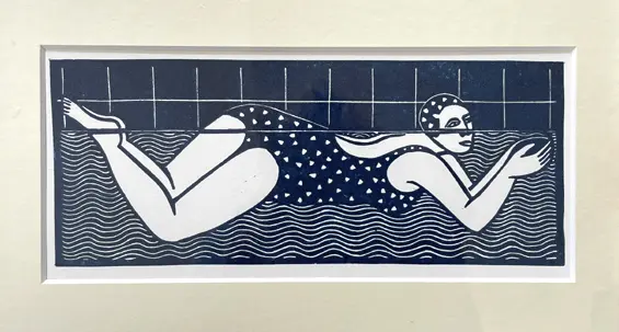 Aline Jansma, Zwemmer 3, 150 euro, Linocut, edition of 25, in black frame, 22x32 cm